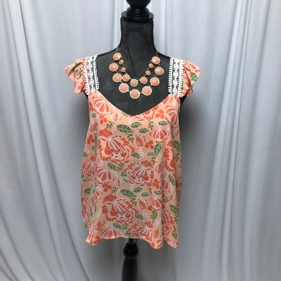Cruel Girl Tops - Cruel Top Womens Large Peach Orange Green Floral Lace Ruffle Cap V-Neck Blouse